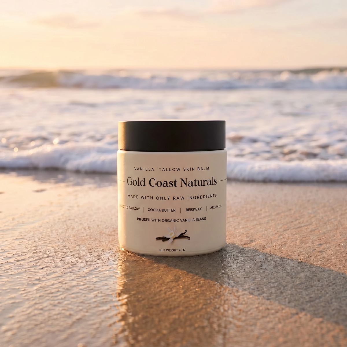 Raw vanilla beans, cocoa butter, argan oil, beeswax and tallow