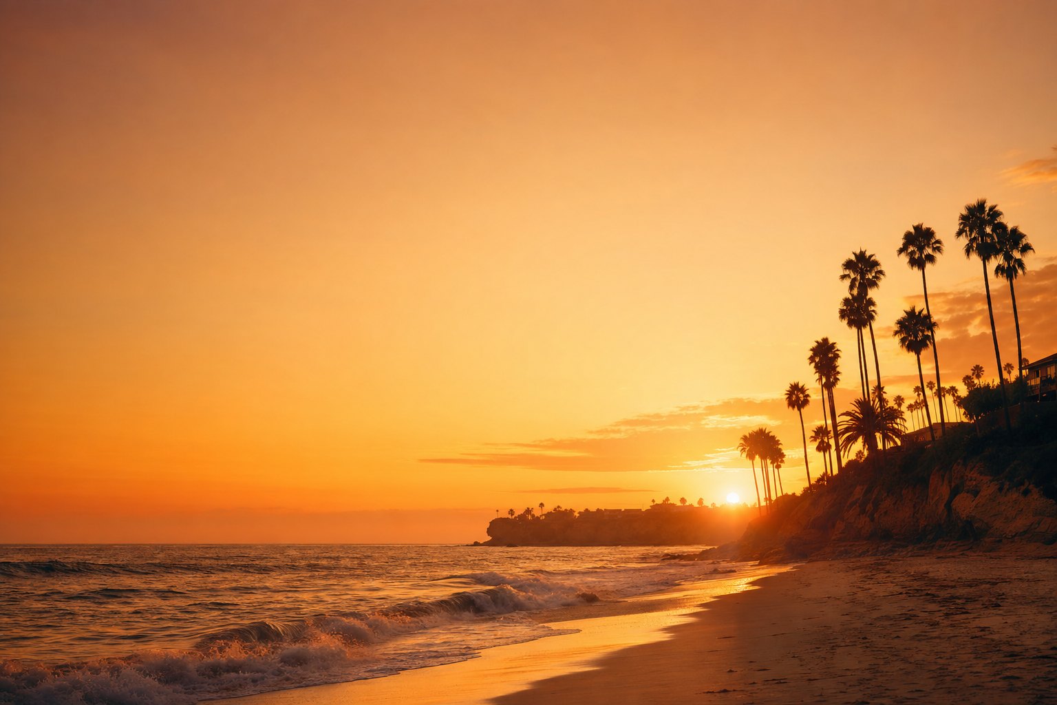 Southern California coastline at golden hour with palm trees and waves